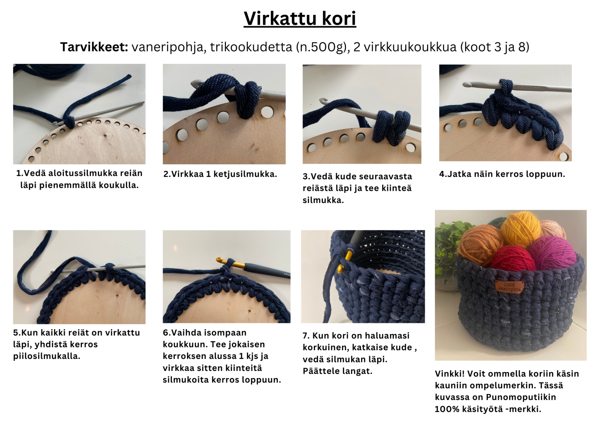 Ohjekuvat virkattuun koriin.